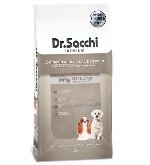 Dr.Sacchi Düşük Tahıllı Sığır Etli ve Kuzu Etli Mini Irk Yetişkin Köpek Maması 12KG