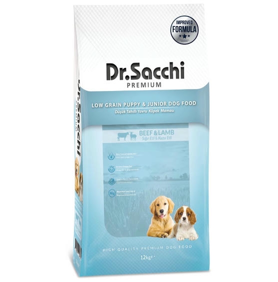 Dr.Sacchi Düşük Tahıllı Sığır Etli ve Kuzu Etli Yavru Köpek Maması 12 Kg