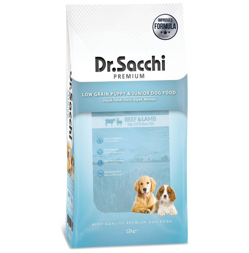 Dr.Sacchi Düşük Tahıllı Sığır Etli ve Kuzu Etli Yavru Köpek Maması 12 Kg