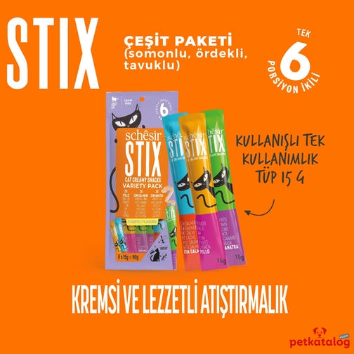 Schesir Cat Stix کرم ترکیبی مایع گربه با مرغ، سالمون و اردک 6x15gr