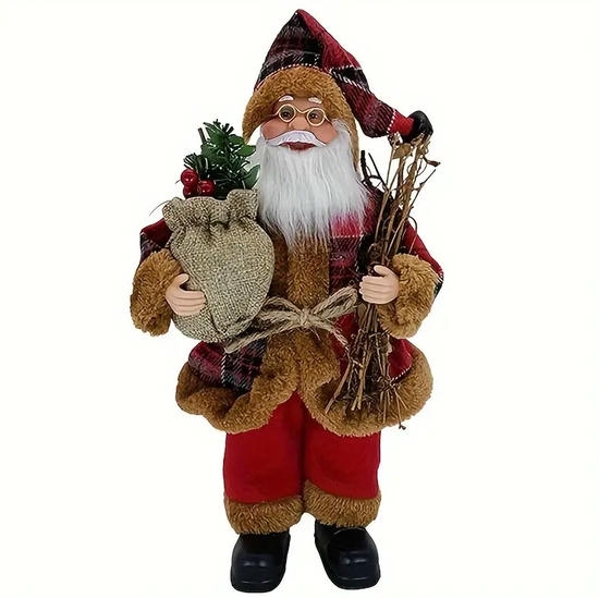 Jut Çantalı ve Ağaç Dalları Kırmızı Ekose Dekoratif Noel Baba 30cm