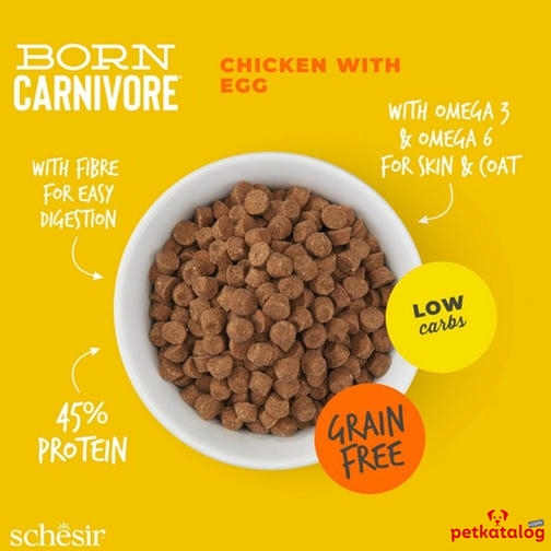 Schesir Born Carnivore (%45 Proteinli) Tavuklu ve Yumurtalı Tahılsız Kedi Maması 1,25KG