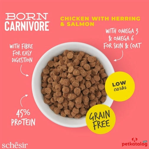 Schesir Born Carnivore (%45 Proteinli) Tavuklu, Somonlu ve Ringa Balıklı Tahılsız Kedi Maması 1,25KG