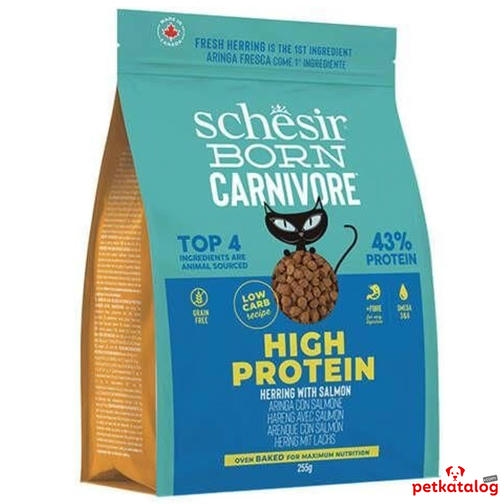 Schesir Born Carnivore (%43 Proteinli) Somonlu ve Ringa Balıklı Tahılsız Kedi Maması 1,25KG