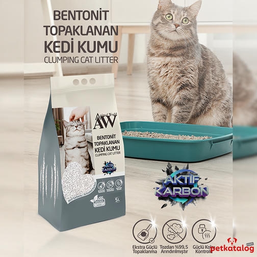 Animal World Aktif Karbonlu Extra Güçlü 10 LT İnce Taneli Topaklanan Bentonit Kedi Kumu