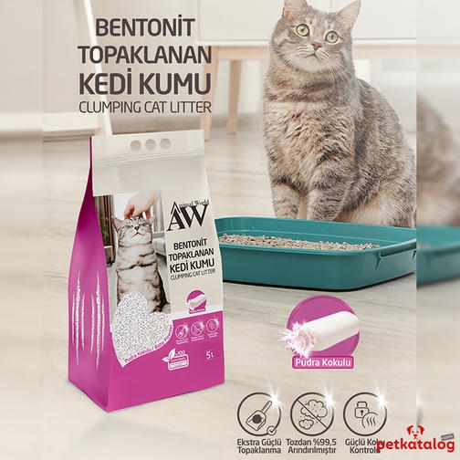 Animal World Extra Güçlü Bebek Pudrası Kokulu 10 LT İnce Taneli Topaklanan Bentonit Kedi Kumu