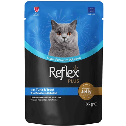 Reflex Plus Jöle İçinde Parça Ton Balıklı ve Alabalıklı Yetişkin Kedi Konservesi 85gr
