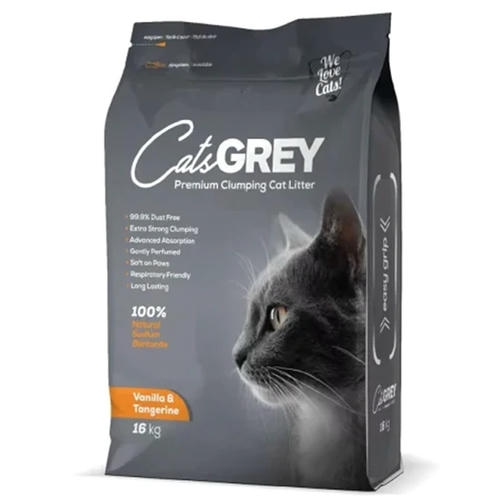 CatsGREY Premium Vanilya ve Mandalina Kokulu Tozsuz Topaklanan İnce Taneli Bentonit Kedi Kumu 16kg