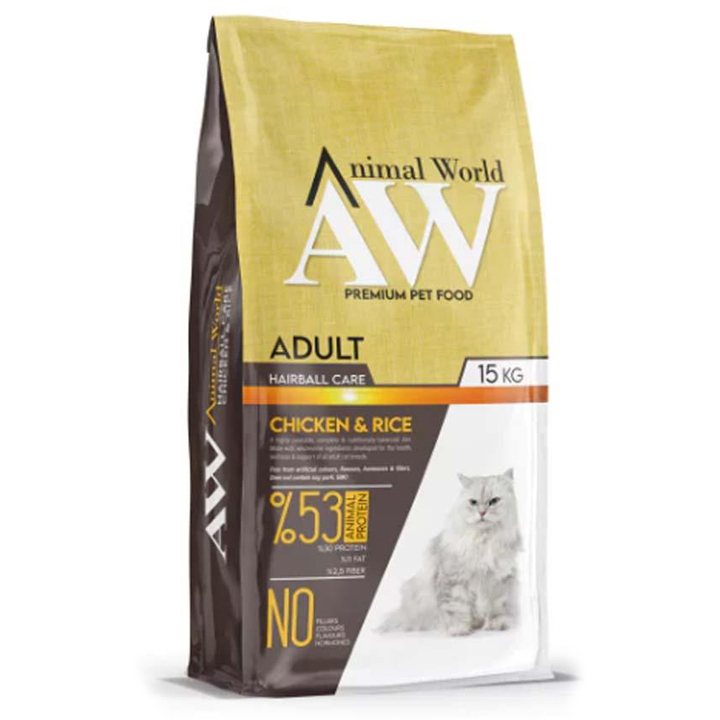 Animal World Hairball Care Tavuklu ve Pirinçli Yetişkin Kedi Maması 15KG