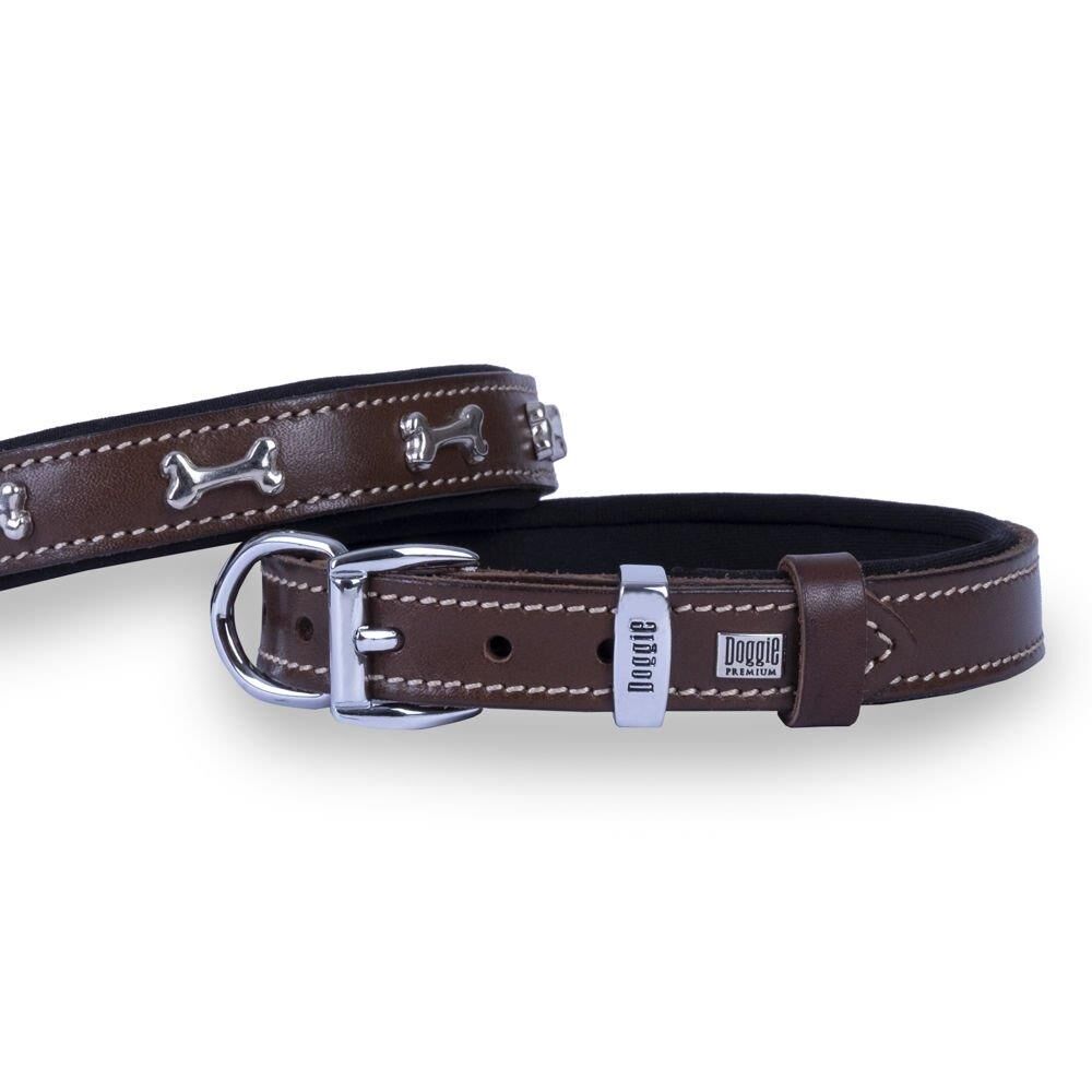 Doggie Konforlu Gerçek Deriden El Yapımı Kemik Süslü Köpek Boyun Tasması 2x30-35cm - Kahverengi