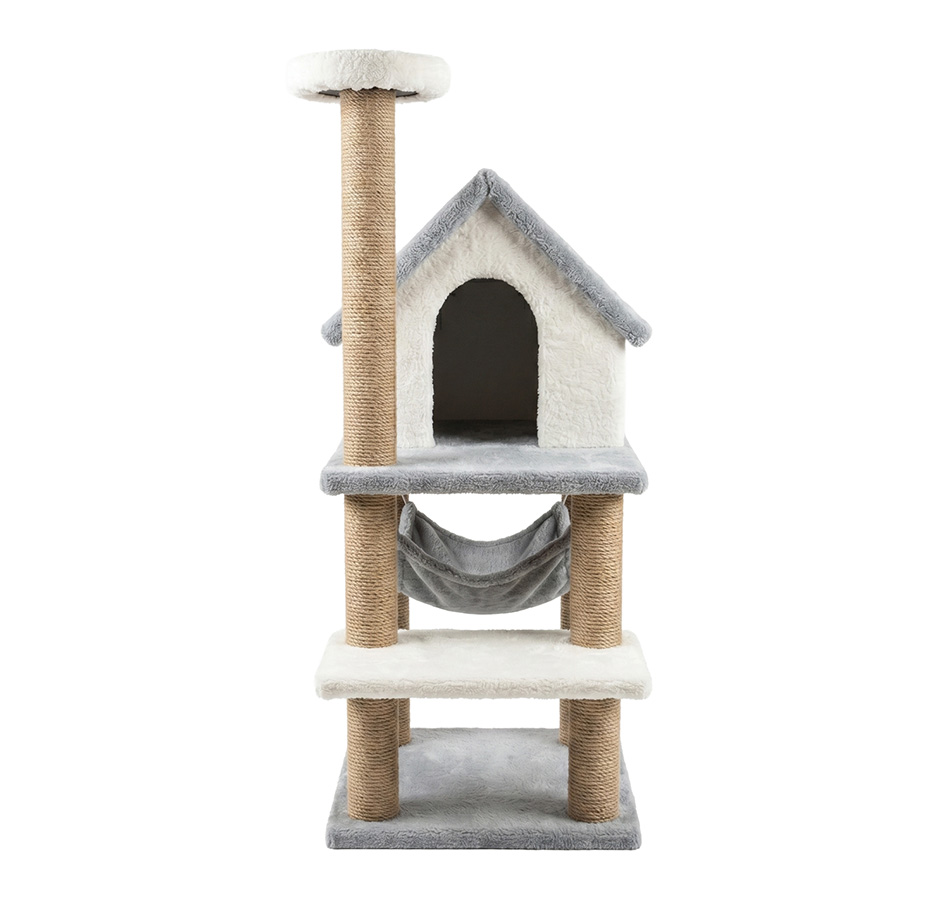 Teng Tırmalamalı Çatılı ve Hamaklı Kedi Evi Gri (40x70x98 cm)