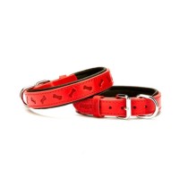 Doggie Konforlu Gerçek Deriden El Yapımı Kemik Desenli Köpek Boyun Tasması Kırmızı 3x42-50cm