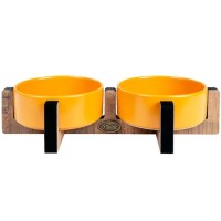 PetVoda Ozark Ahşap Standlı İkili Seramik Mama-Su Kabı Seti Hardal 33x16x6 cm (400 ml x 2)