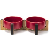 PetVoda Ozark Ahşap Standlı İkili Seramik Mama-Su Kabı Seti Kırmızı 33x16x6 cm (400 ml x 2)