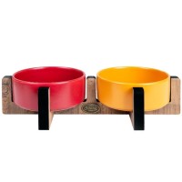 PetVoda Ozark Ahşap Standlı İkili Seramik Mama-Su Kabı Seti Kırmızı-Hardal 33x16x6 cm (400 ml x 2)