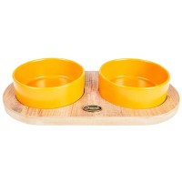 PetVoda Ozark Oval Ahşap Standlı İkili Seramik Mama-Su Kabı Seti Hardal 19,5x37,2 cm (400 ml x 2)