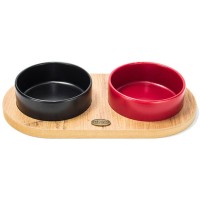 PetVoda Ozark Oval Ahşap Standlı İkili Seramik Mama-Su Kabı Seti Kırmızı-Siyah 19,5x37,2 cm (400 ml x 2)