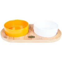 PetVoda Ozark Oval Ahşap Standlı İkili Seramik Mama-Su Kabı Seti Hardal-Beyaz 19,5x37,2 cm (400 ml x 2)