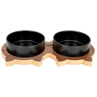 PetVoda Ozark Kedili Ahşap Standlı İkili Seramik Mama-Su Kabı Seti Siyah 19,5x37,2 cm (400 ml x 2)