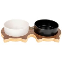 PetVoda Ozark Kedili Ahşap Standlı İkili Seramik Mama-Su Kabı Seti Siyah-Beyaz 19,5x37,2 cm (400 ml x 2)
