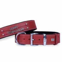 Doggie Konforlu Gerçek Deriden El Yapımı Çift İsimlikli Köpek Boyun Tasması 3,5x52-60cm - Kırmızı