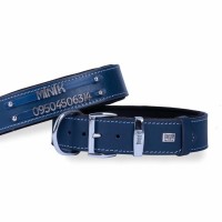 Doggie Konforlu Gerçek Deriden El Yapımı Çift İsimlikli Köpek Boyun Tasması 3,5x52-60cm - Royal Mavi