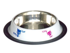 Tommy Kedi Desenli Kedi Çelik Mama Su Kabı Beyaz 8 oz