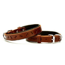 Doggie Konforlu Gerçek Deriden El Yapımı Kemik Desenli Köpek Boyun Tasması Kahverengi 2x35-40cm