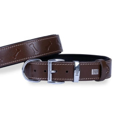 Doggie Konforlu Gerçek Deriden El Yapımı Kemik Desenli Köpek Boyun Tasması Kahverengi 4x47-55cm