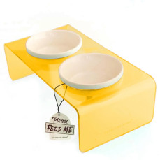 Petbucks Home Kedi ve Köpek Dekoratif Seramik İkili Mama Kabı & Su Kabı 2x300 ml (Şeffaf Sarı)