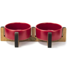 PetVoda Ozark Ahşap Standlı İkili Seramik Mama-Su Kabı Seti Kırmızı 33x16x6 cm (400 ml x 2)