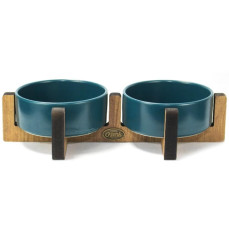 PetVoda Ozark Ahşap Standlı İkili Seramik Mama-Su Kabı Seti Petrol Mavisi 33x16x6 cm (400 ml x 2)