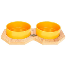 PetVoda Ozark Sekizgen Ahşap Standlı İkili Seramik Mama-Su Kabı Seti Hardal 19,5x37,2 cm (400 ml x 2)