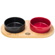 PetVoda Ozark Oval Ahşap Standlı İkili Seramik Mama-Su Kabı Seti Kırmızı-Siyah 19,5x37,2 cm (400 ml x 2)