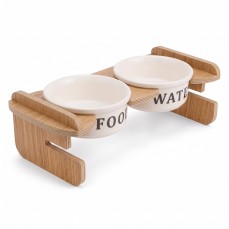 Petbucks Home İki Kademeli İkili Seramik Kedi ve Küçük Irk Mama ve Su Kabı Ahşap