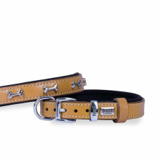 Doggie Konforlu Gerçek Deriden El Yapımı Kemik Süslü Köpek Boyun Tasması 2x30-35cm - Açık Kahve