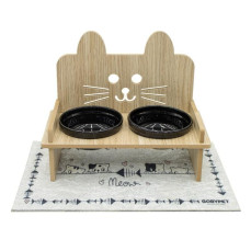 Ahşaplı Kulaklı Seramik Kedi Mama Ve Su Kabı (Paspas Hediyeli)