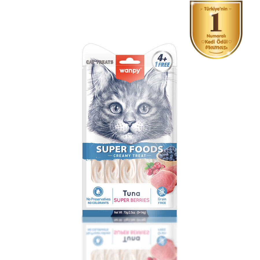 Wanpy Superfood Ton Balıklı, Yaban Mersini & Kızılcıklı Krema Kedi Ödülü 5X4 gr