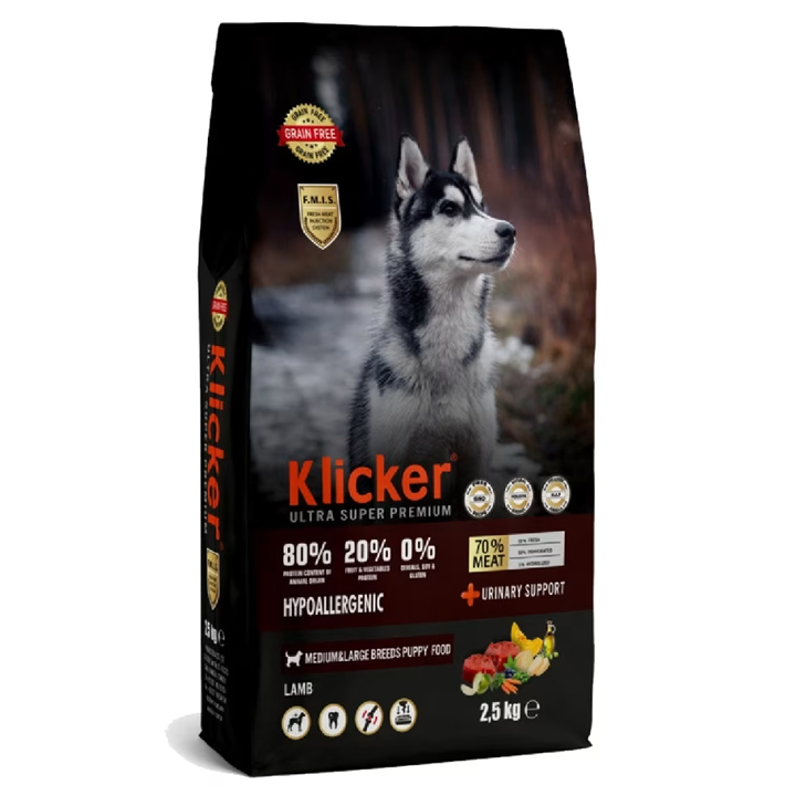 Klicker HypoAllergenic Glutensiz Tahılsız Kuzulu Orta-Büyük Irk Yavru Köpek Maması 2,5KG