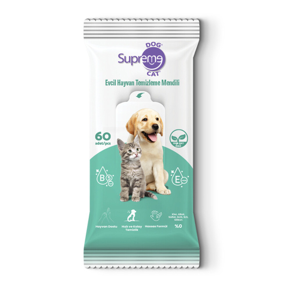 Supreme Dog Kedi ve Köpekler İçin Yeşil Çaylı Temizleme ve Bakım Mendili (60'lı)