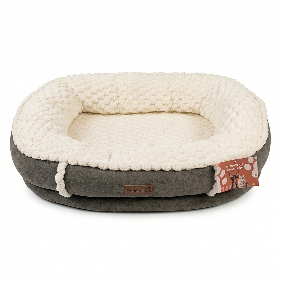 Teng Luna Kedi ve Küçük Irk Köpekler İçin Peluş Yatak Gri Bej Medium (75x15x62 cm)