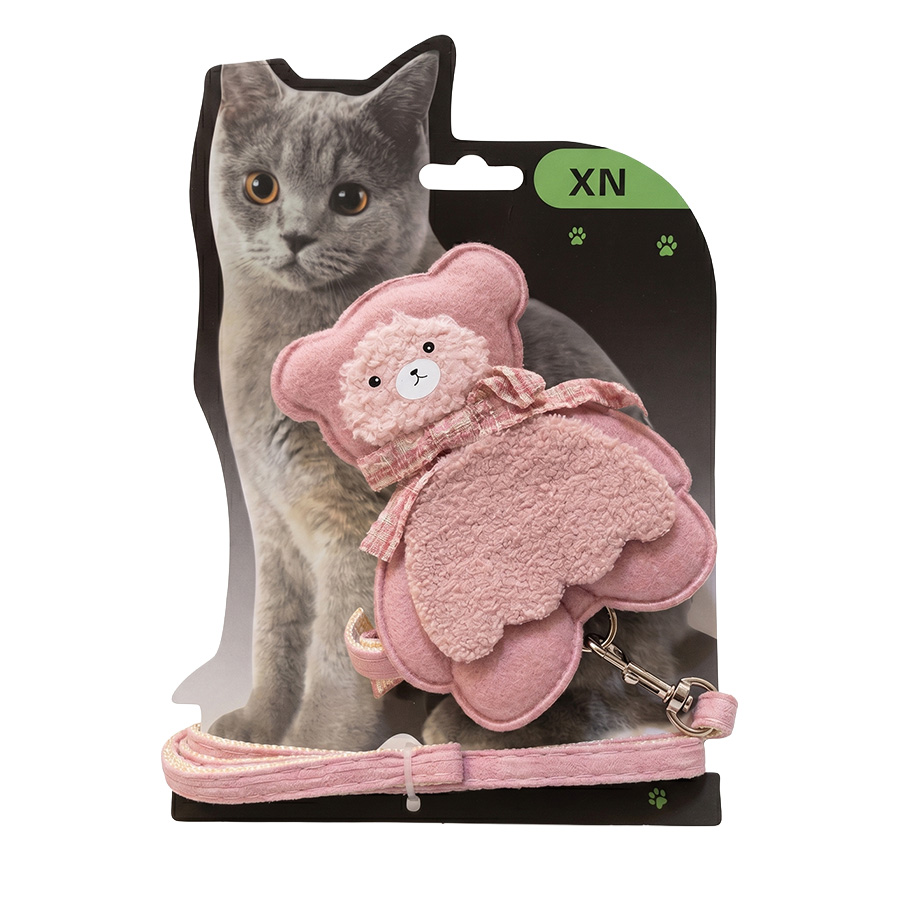 Teng Ayıcık Desenli Kedi Göğüs Gezdirme Tasma Takımı (Pembe)