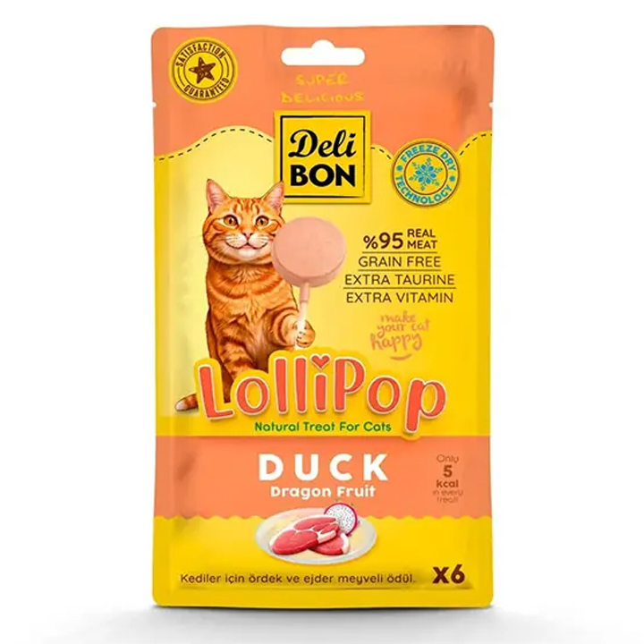 Delibon Dondurularak Kurutulmuş Ördekli Lolipop Kedi Ödülü (6'lı Paket)
