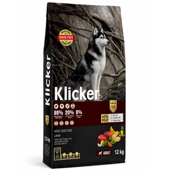 Klicker Glutensiz Tahılsız Kuzu Etli Yetişkin Köpek Maması 12KG