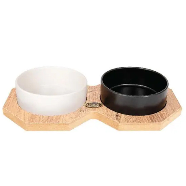 PetVoda Ozark Sekizgen Ahşap Standlı İkili Seramik Mama-Su Kabı Seti Siyah-Beyaz 19,5x37,2 cm (400 ml x 2)
