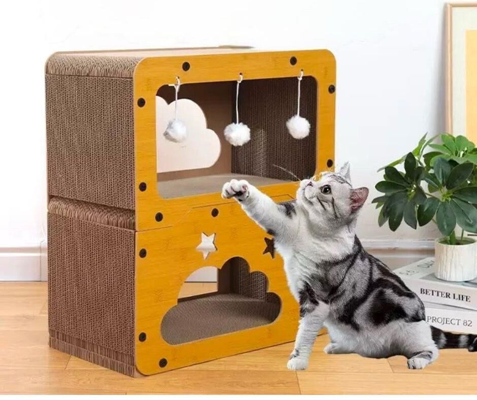 Kedi Ahşap Oyun Kutusu Ve Tırmalama Evi 45*28*52 Cm