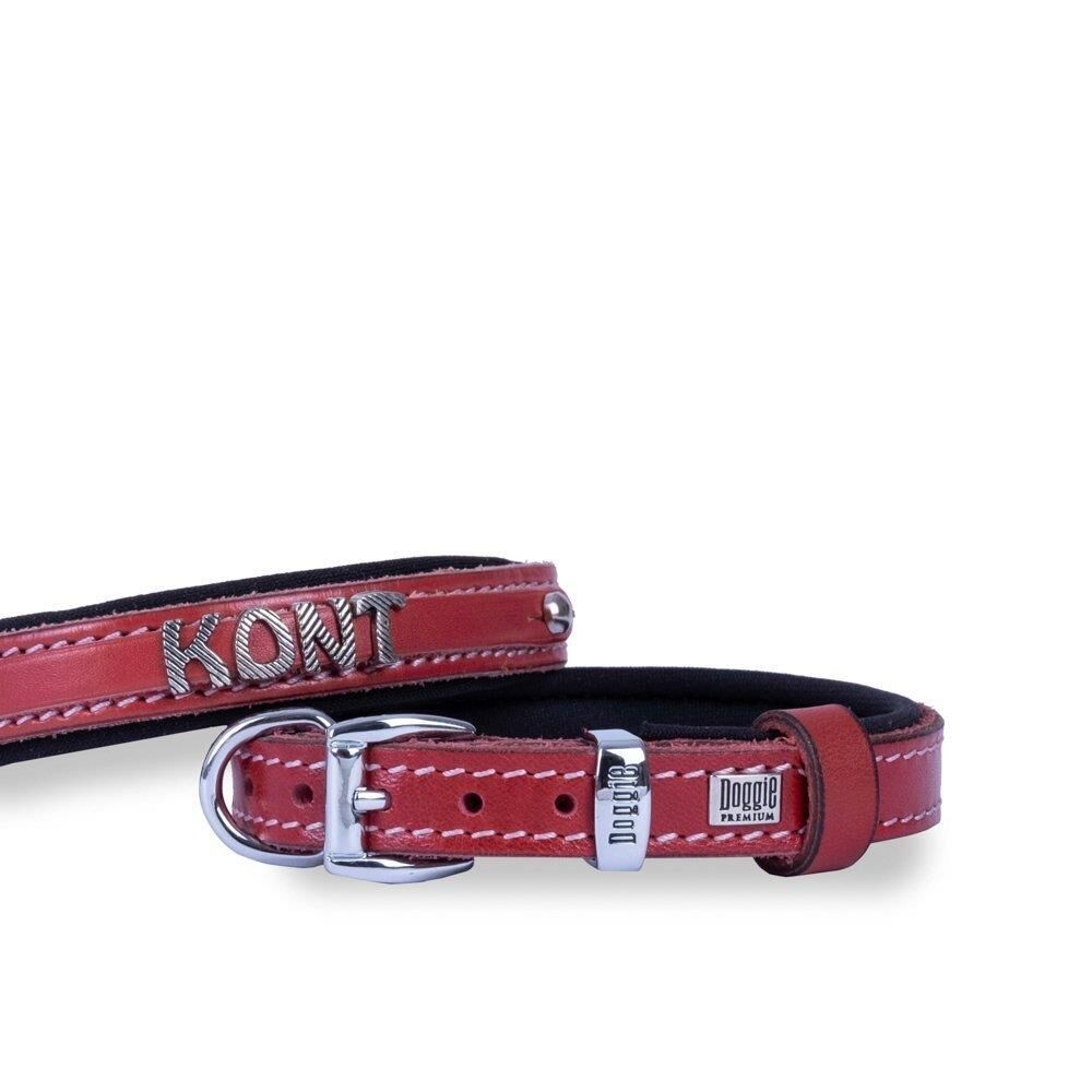 Doggie Konforlu Gerçek Deriden El Yapımı İsimlikli Köpek Boyun Tasması 1,5x20-25cm - Kırmızı