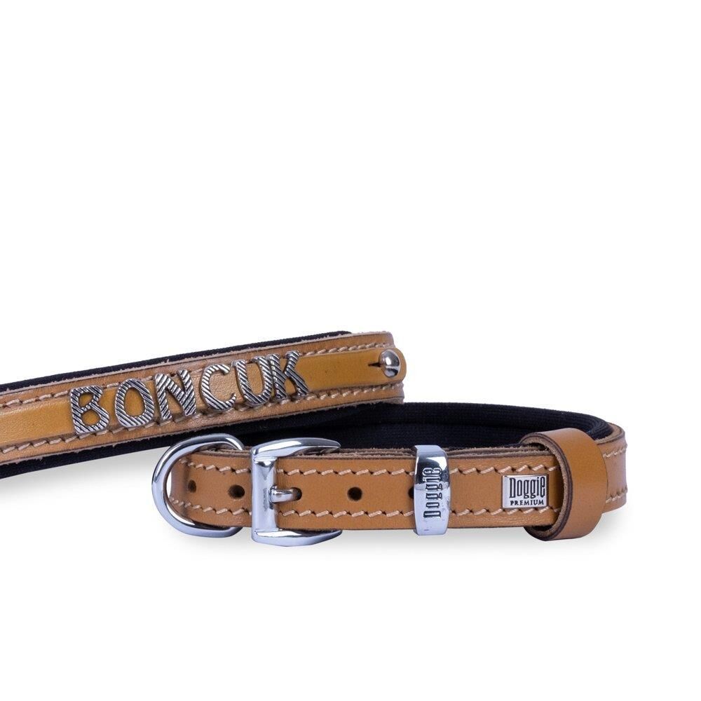 Doggie Konforlu Gerçek Deriden El Yapımı İsimlikli Köpek Boyun Tasması 1,5x20-25cm - Açık Kahve