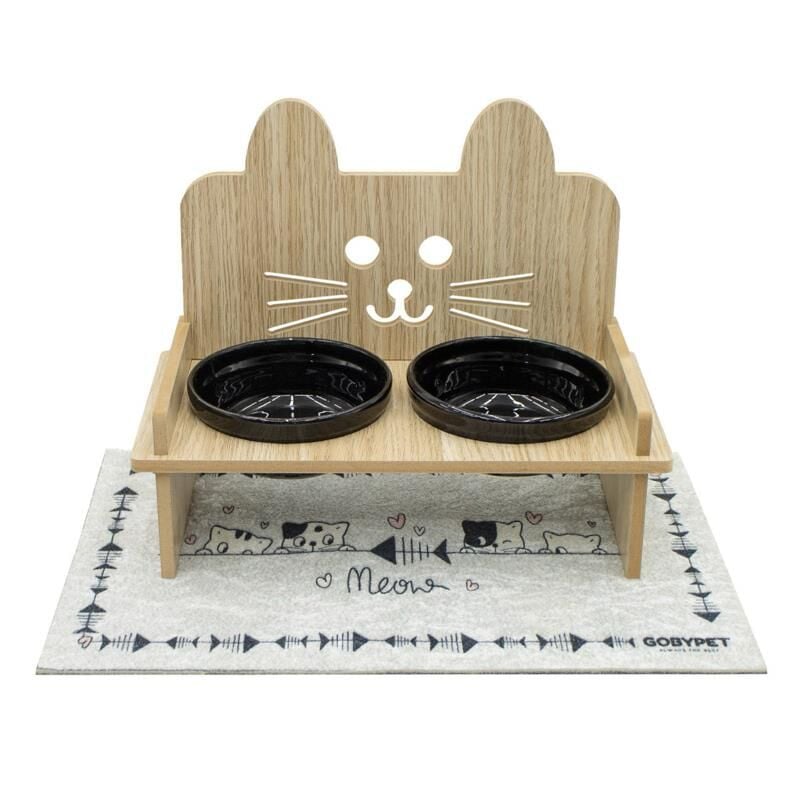 Ahşaplı Kulaklı Seramik Kedi Mama Ve Su Kabı (Paspas Hediyeli)