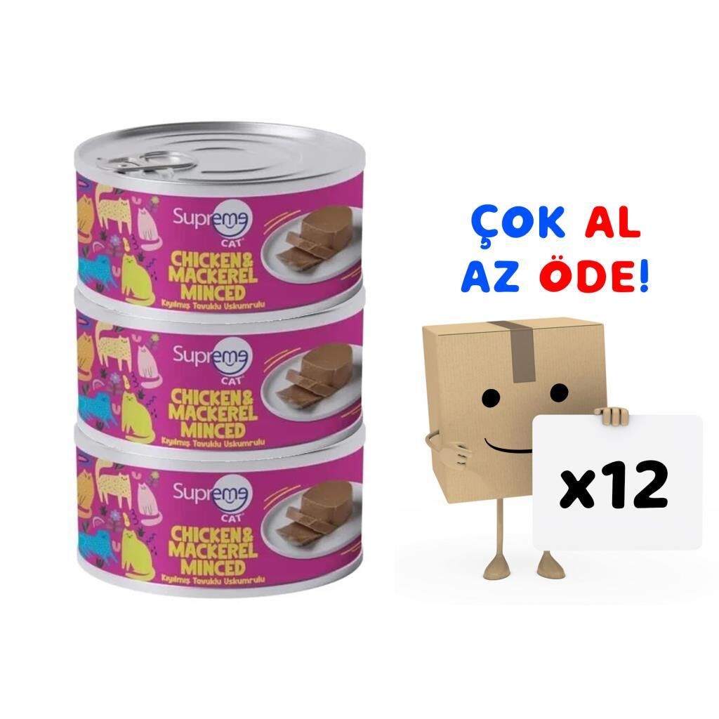Supreme Cat Kıyılmış Tavuklu ve Uskumrulu Yaş Kedi Maması 85 Gr 12'li Paket